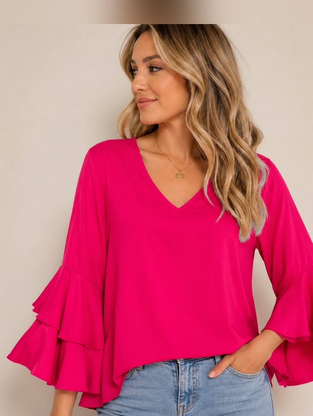Zara Fushsia Pink Ruffle Bell Sleeve V-Neck Blouse Top Size Small